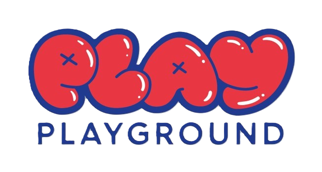 Play Playground text logo with red bubble letters outlined in blue for "play."